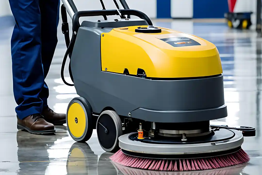 Cleaning floor with a floor scrubber